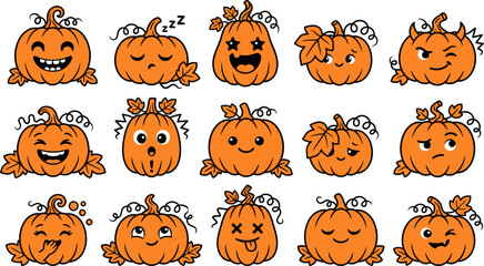 Fototapeta premium Set of cute cartoon pumpkins with various funny facial expressions isolated on a white background for halloween design