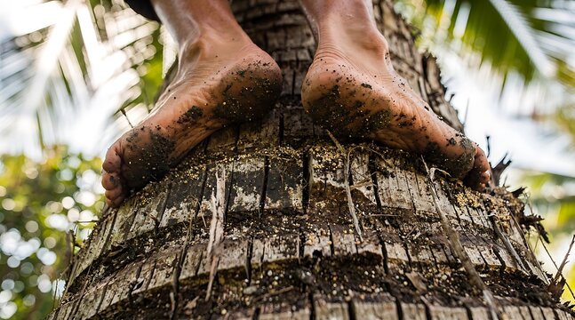 Bare feet of a coconut tree climber.