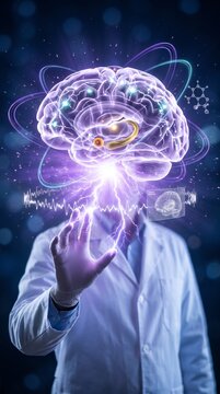 Neurologist brain hologram, neural activity visualization with electric lightning pathways and futuristic medical interface