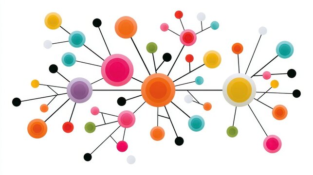 A creative mind map chart clipart, brainstorming process element, colorful connected nodes, flat design, isolated on white background. 