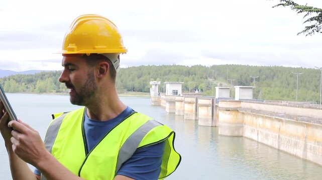 Hydroelectric Infrastructure Engineer Holding a Tablet and Writing Inspection Notes 