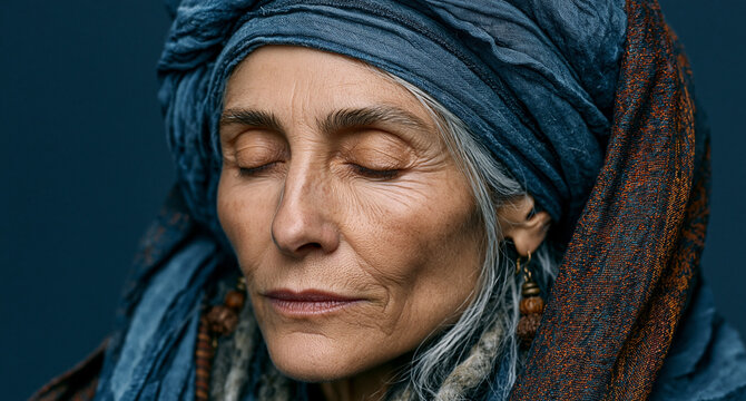 Elderly woman in traditional headscarf meditating peacefully. Senior female with closed eyes wrapped in patterned shawl for wellness and mindfulnes...