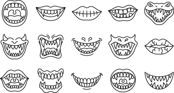 A comprehensive halloween vector bundle featuring a collection of scary monster mouths with sharp teeth and spooky expressions for creative design projects