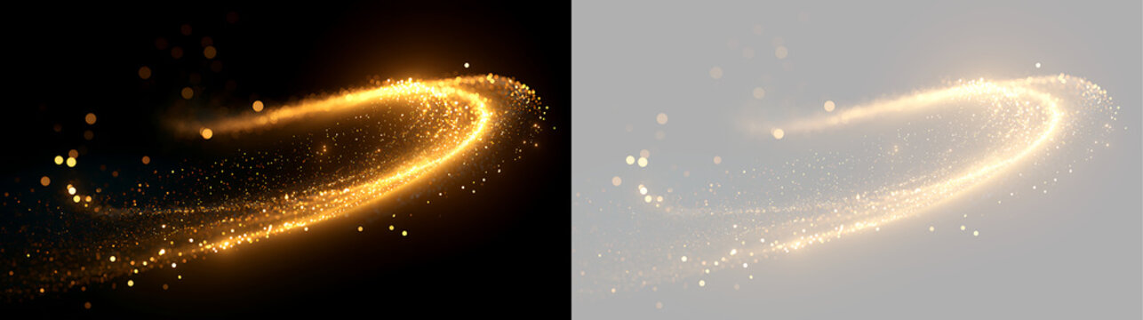 Swirling golden light vortex with sparkling dust. Abstract circular motion effect on black and transparent background