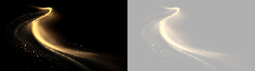 Golden glitter dust trail on black and transparent background. Abstract light wave effect for design © Антон Миргородський