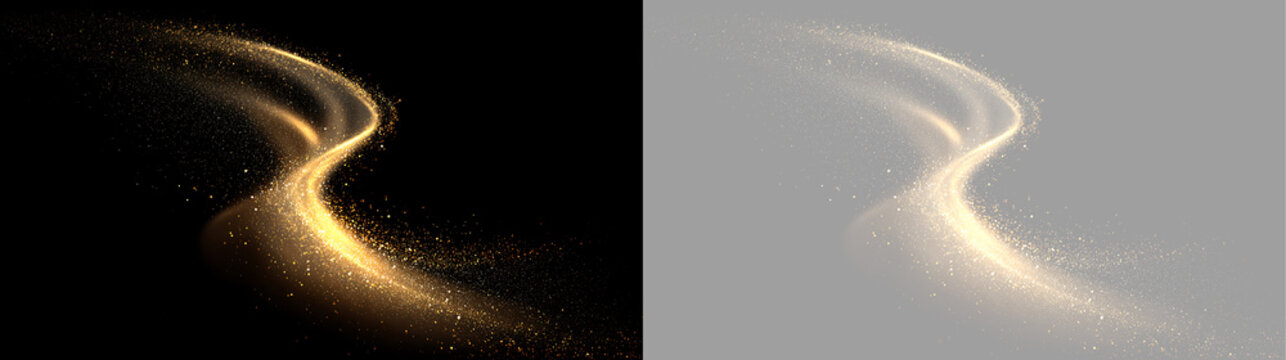 Curved golden glitter particle stream on black and transparent background. Abstract light wave effect