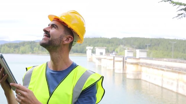 Hydroelectric Infrastructure Engineer Holding a Tablet and Writing Inspection Notes 