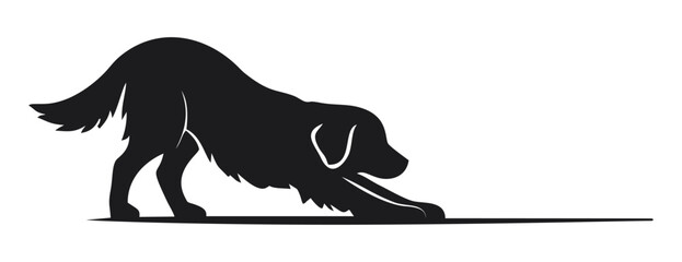 A black silhouette of a dog stretching its front legs and body downwards. World Animal Day.