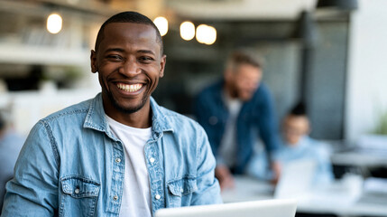 Obraz premium Inspired young African American businessman looking at camera cheerfully while standing in modern office using laptop as male office employee full of creative ideas, concept,