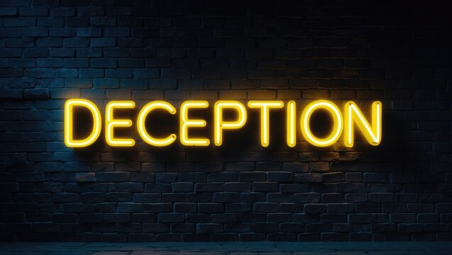 Neon sign illuminated on brick wall during nighttime. Inscription deception