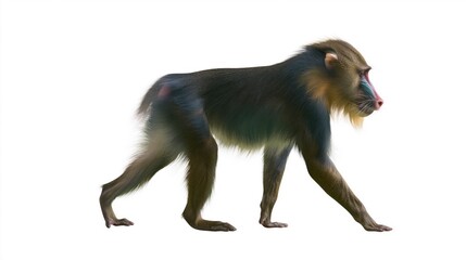 Fototapeta premium Full body profile of a mandrill monkey walking isolated on a white background