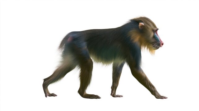 Full body profile of a mandrill monkey walking isolated on a white background