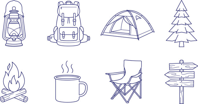 Blue line art vector illustration set of camping and outdoor adventure equipment icons
