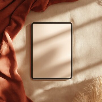 Minimal Tablet Mockup On Warm Fabric Background With Elegant Natural Shadows