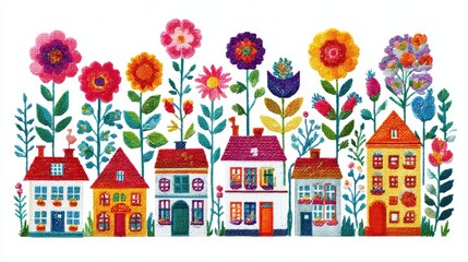 Naklejka premium Colorful Embroidered Folk Houses With Blooming Flowers On White Background Illustration