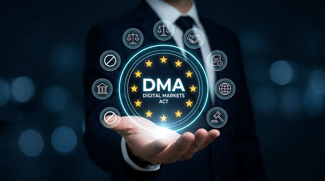 Businessman holding DMA Digital Markets Act European Union legal regulation icon