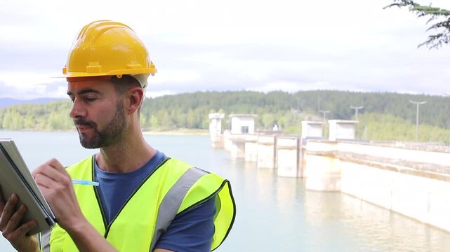 Hydroelectric Infrastructure Engineer Holding Notebook and Writing Inspection Notes 