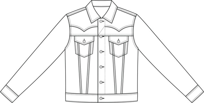 Flat sketch technical drawing vector illustration of a denim jacket fashion apparel template