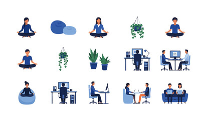 Fototapeta premium Colorful flat design vector illustrations of diverse people engaging in wellness activities with vibrant icons, concept for mental health awareness, corporate wellness programs, and educational