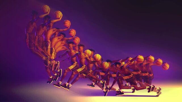 Basketball player dribbling and jumping in frame by frame photo animation on purple background. Concept of sports motion design, basketball action advertising, athletic performance campaign.