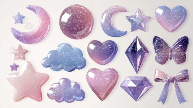 Glossy Pastel Kawaii Decorative Icons Collection With Hearts Stars Clouds And Butterflies