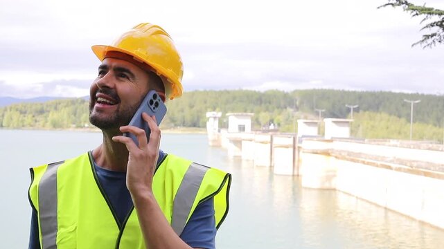 Hydroelectric Engineer Smiling During a Phone Call 