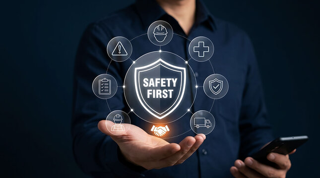 Businessman holding virtual safety first sign with industrial workplace icons concep