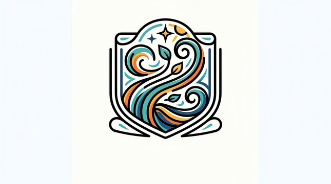 colorful shield logo with swirling design