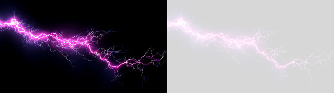 Dynamic pink lightning bolt on black and transparent background. Purple electric flash effect. Diagonal thunderbolt graphic overlay