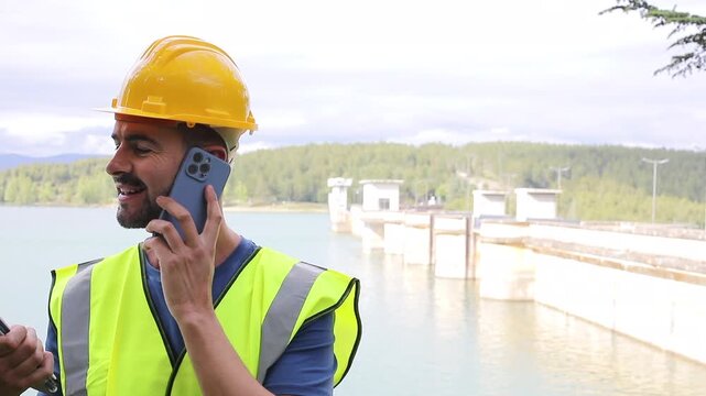Hydroelectric Engineer Smiling During a Phone Call 