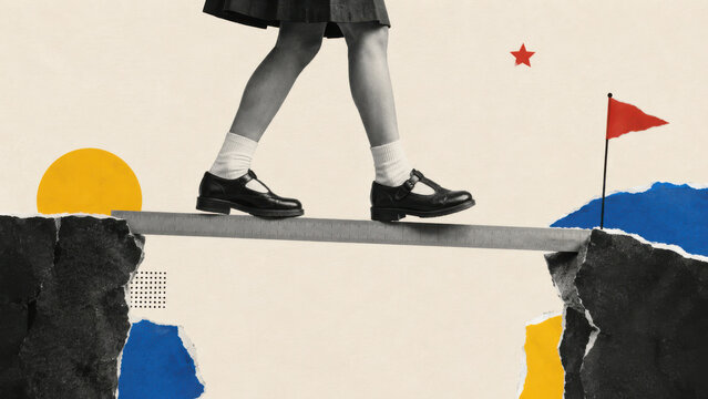 Child walks tightrope on ruler bridging gap towards goal flag symbolizing education journey and future successimage.png