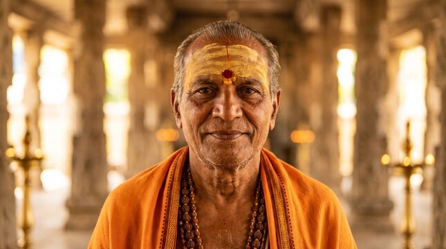 Elderly Hindu Priest in Traditional Temple, Warm Portrait