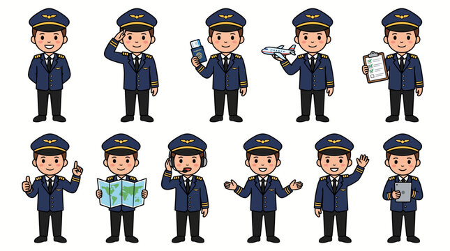 Cartoon airline pilot character set. Professional aviator in navy uniform with various poses.