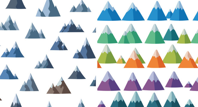 Seamless geometric mountain peaks pattern and colorful flat vector background set for nature wallpaper and wrapping paper design