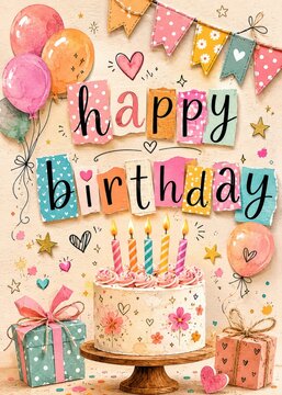 Colorful Handmade Happy Birthday Cake Balloons Gifts Cheerful Celebration Greeting Card Design