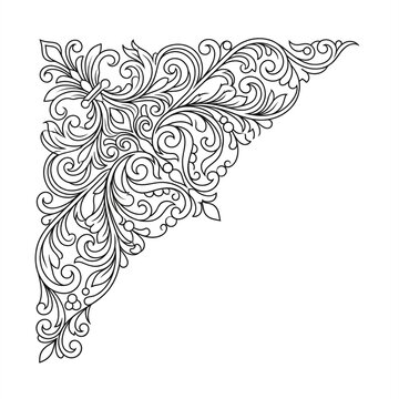 Elegant floral corner ornament with intricate swirling leaves and vintage scrollwork. Monochrome line art vector for invitations, borders, branding, laser cutting, and decorative projects.