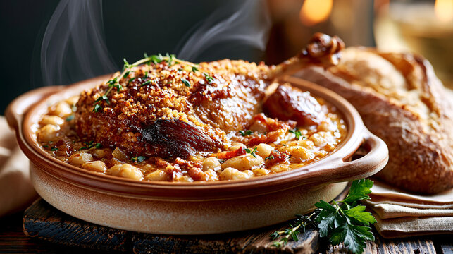 Authentic French cassoulet featuring duck confit, white beans, bacon and herbs slow baked in a rustic ceramic casserole