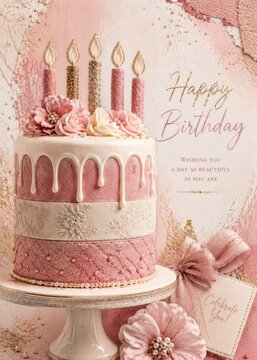 Elegant Pink Birthday Cake With Candles Luxury Floral Celebration Greeting Card