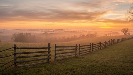 Fototapeta premium Misty Sunrise Over Rolling Hills with Wooden Fence in Soft Light