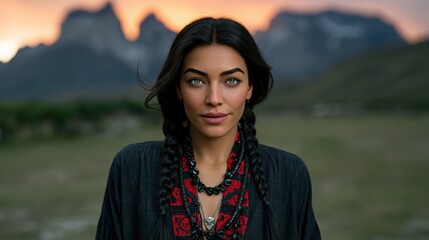 Fototapeta premium Woman smiling subtly while standing in mountain meadow at dusk