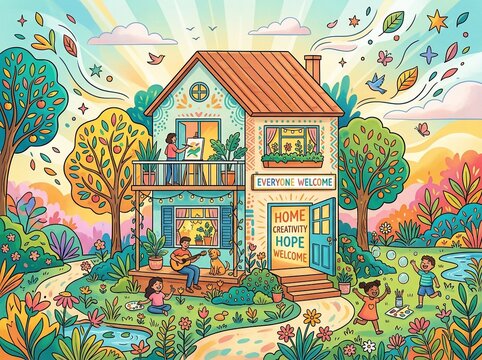 Vibrant home with family enjoying creative activities and nature