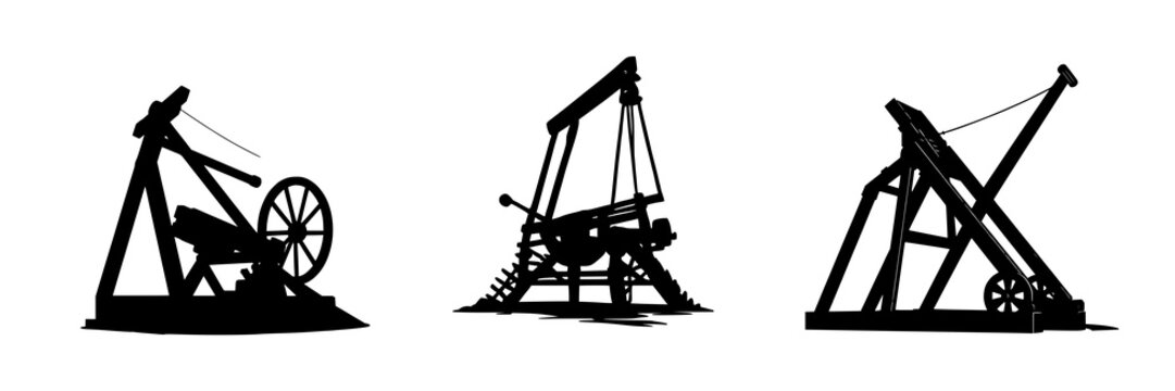 Medieval trebuchet siege engine silhouette set with flat 2D vector featuring historical warfare theme on white background