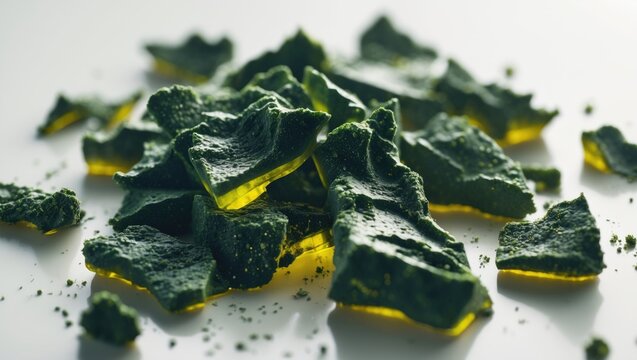 Isolated Nori Pieces, Dried Aonori Seaweed Flakes, Torn Sheet of Dry Seaweed, Crumbled Seaweed, Nori Seaweed Pieces, Furikake on a White Background Top View