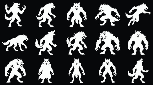 A comprehensive halloween vector bundle featuring various white werewolf silhouettes in different dynamic poses isolated on a simple solid black background design