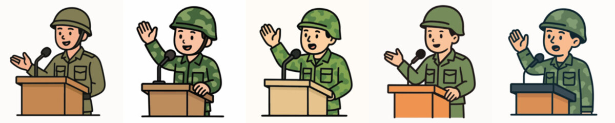 Obraz premium Set of vector illustrations of a soldier giving a speech
