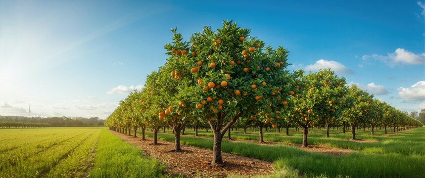 Lush Orange Orchard Under Clear Blue Sky in Vibrant Green Landscape