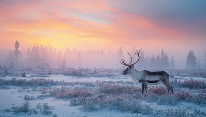 Reindeer Standing in Snowy Landscape During Misty Sunrise with Pastel Colors © Emin