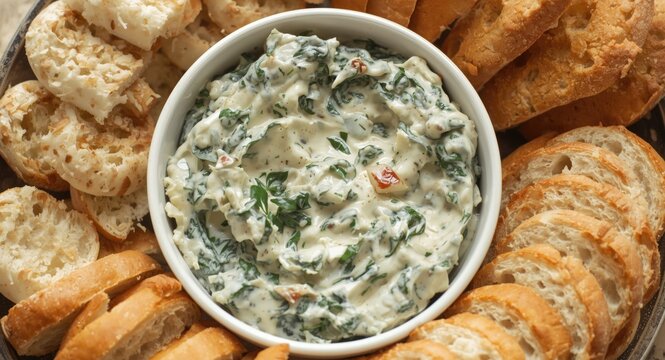Creamy Spinach Dip Surrounded by Assorted Bread Slices - Top View, Rustic Mood