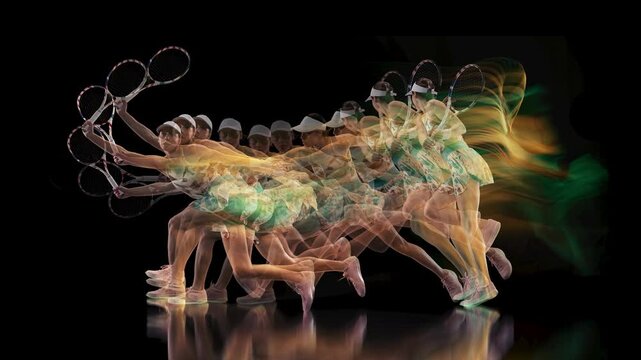 Female tennis player performing forehand stroke in animated multiple exposure sequence on black background. Concept of tennis tournament promotion, sports technique analysis, activewear advertising.