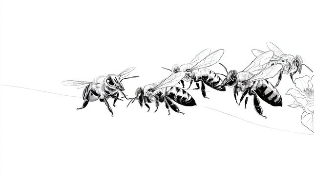 Detailed Illustration of Bees on Branch with Floral Background